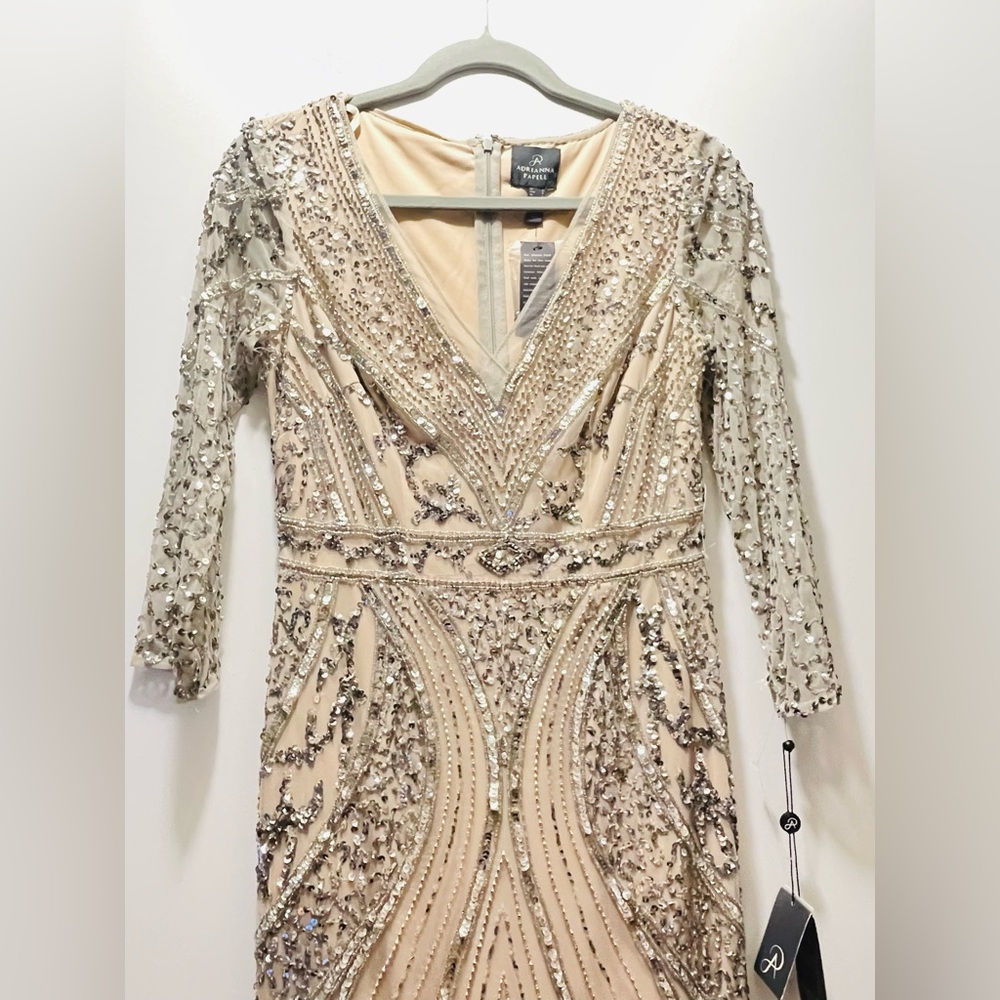 Adrianna Papell Sequin Long Sleeve Dress in Cream and Silver New